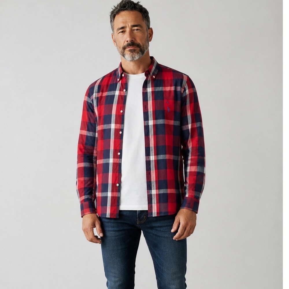 US Polo Assn Mens XXL Red Navy Blue Plaid Buttn Down Shirt Office Lumberjack New